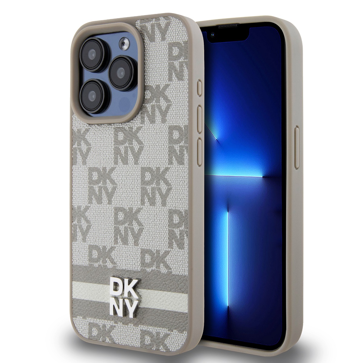 Zadní Kryt DKNY PU Leather Checkered Pattern and Stripe pre iPhone 14 Pro Max Beige