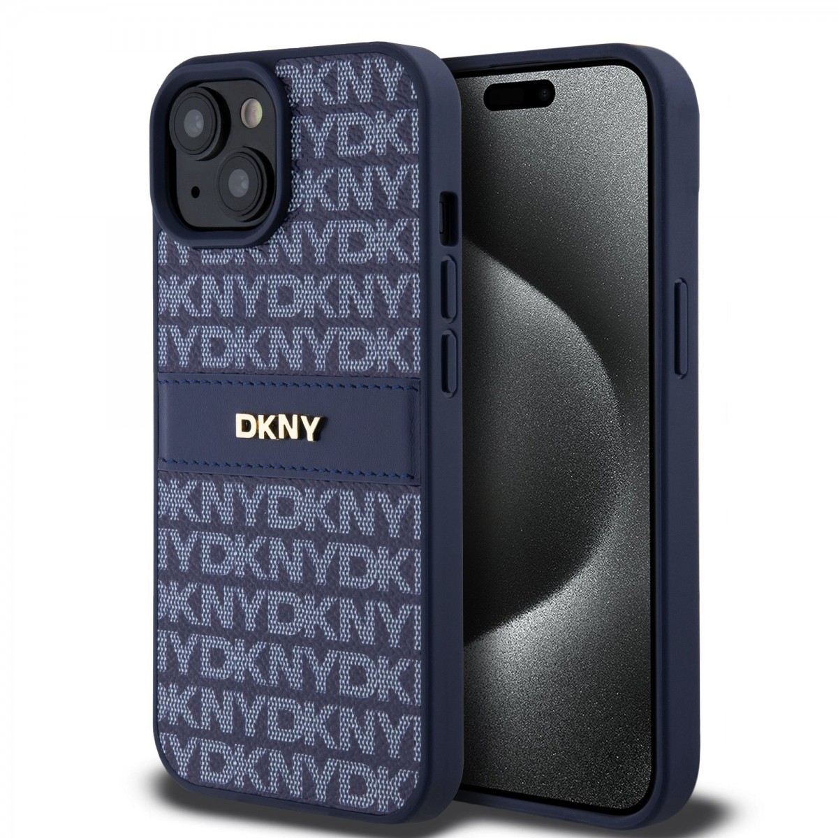 Zadný kryt DKNY PU Leather Repeat Pattern Tonal Stripe pre iPhone 15 Blue