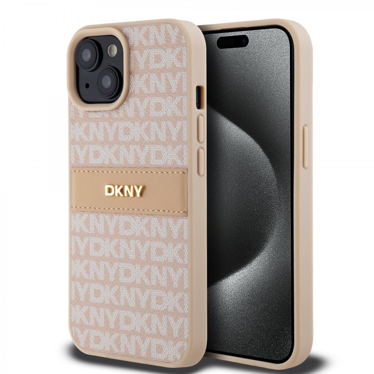 Zadný kryt DKNY PU Leather Repeat Pattern Tonal Stripe pre iPhone 15 Pink