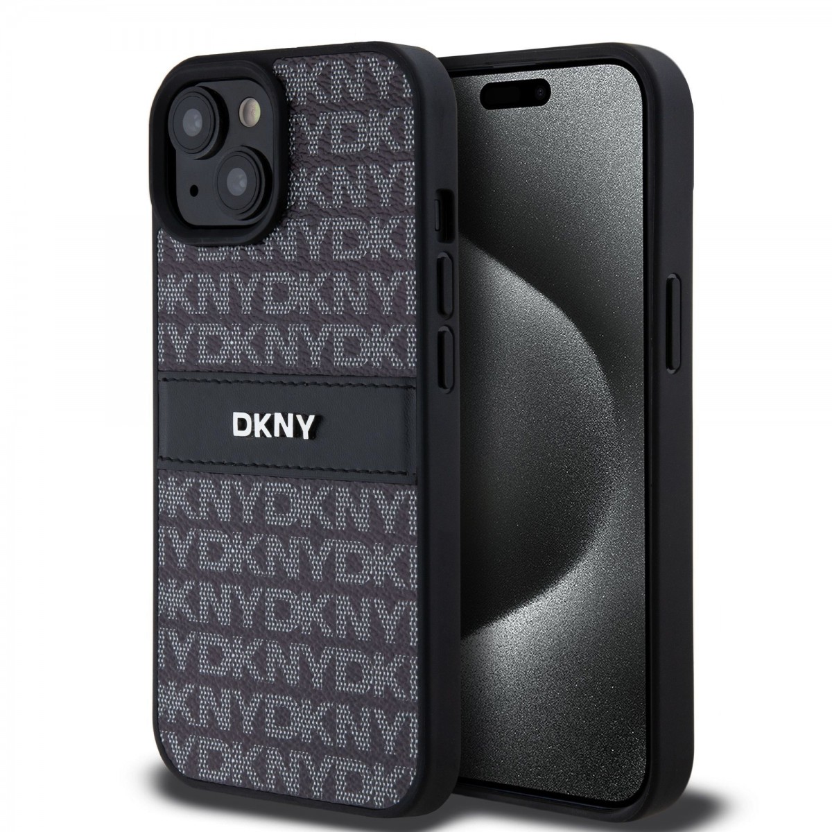 DKNY PU Leather Repeat Pattern Tonal Stripe pre iPhone 15 Black