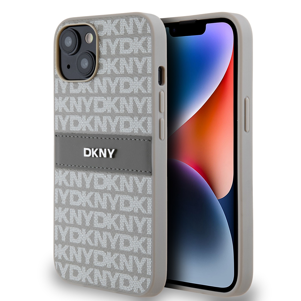 Zadný kryt DKNY PU Leather Repeat Pattern Tonal Stripe pre iPhone 14 Beige