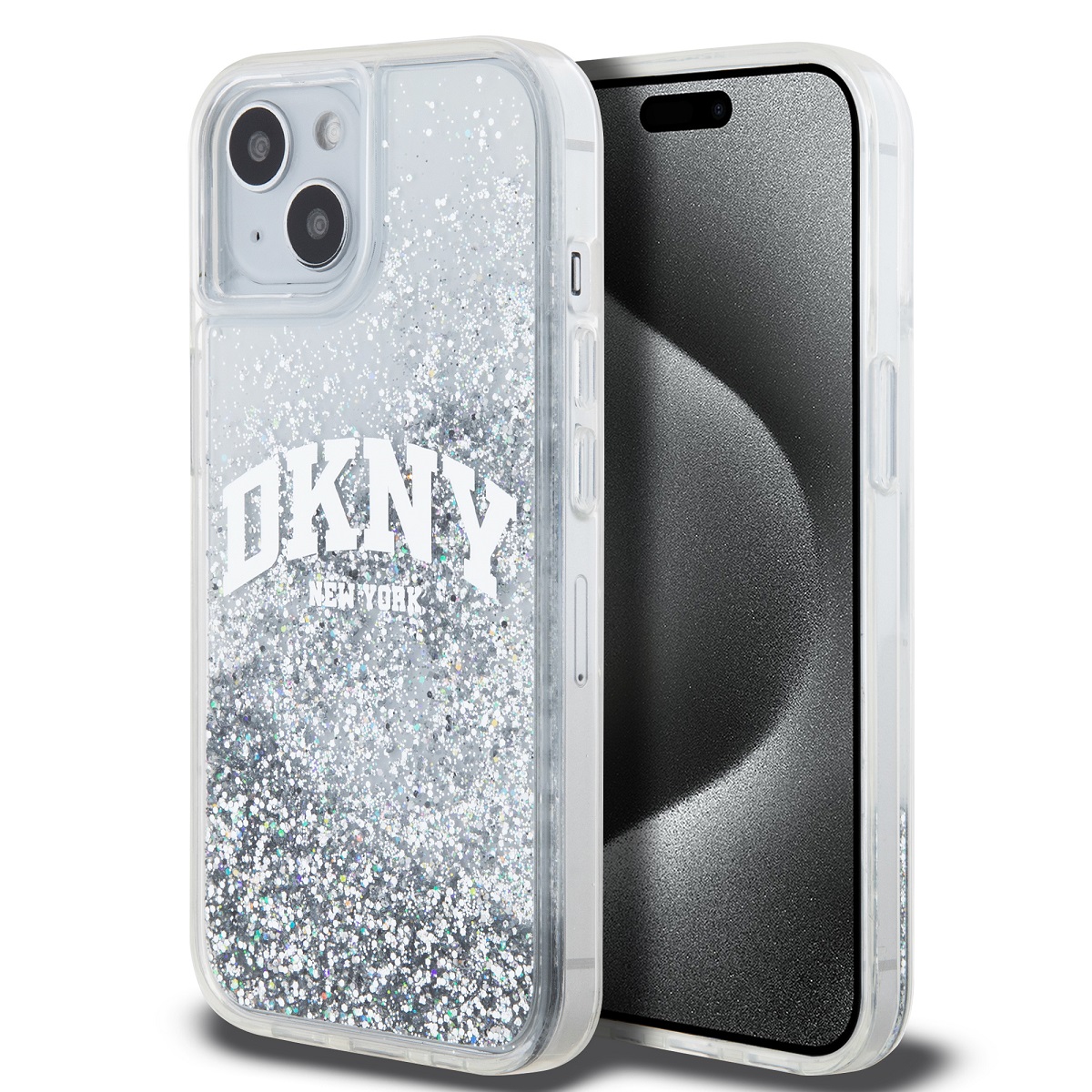 DKNY Liquid Glitter Arch Logo Zadný kryt pre iPhone 14 Transparent
