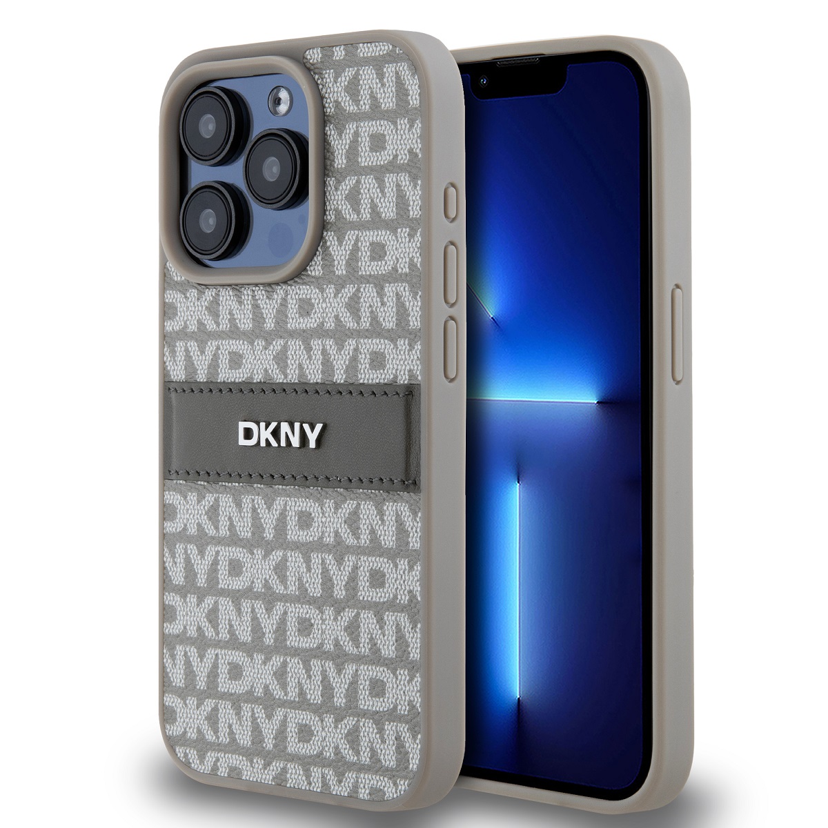 Zadný kryt DKNY PU Leather Repeat Pattern Tonal Stripe pre iPhone 14 Pro Beige