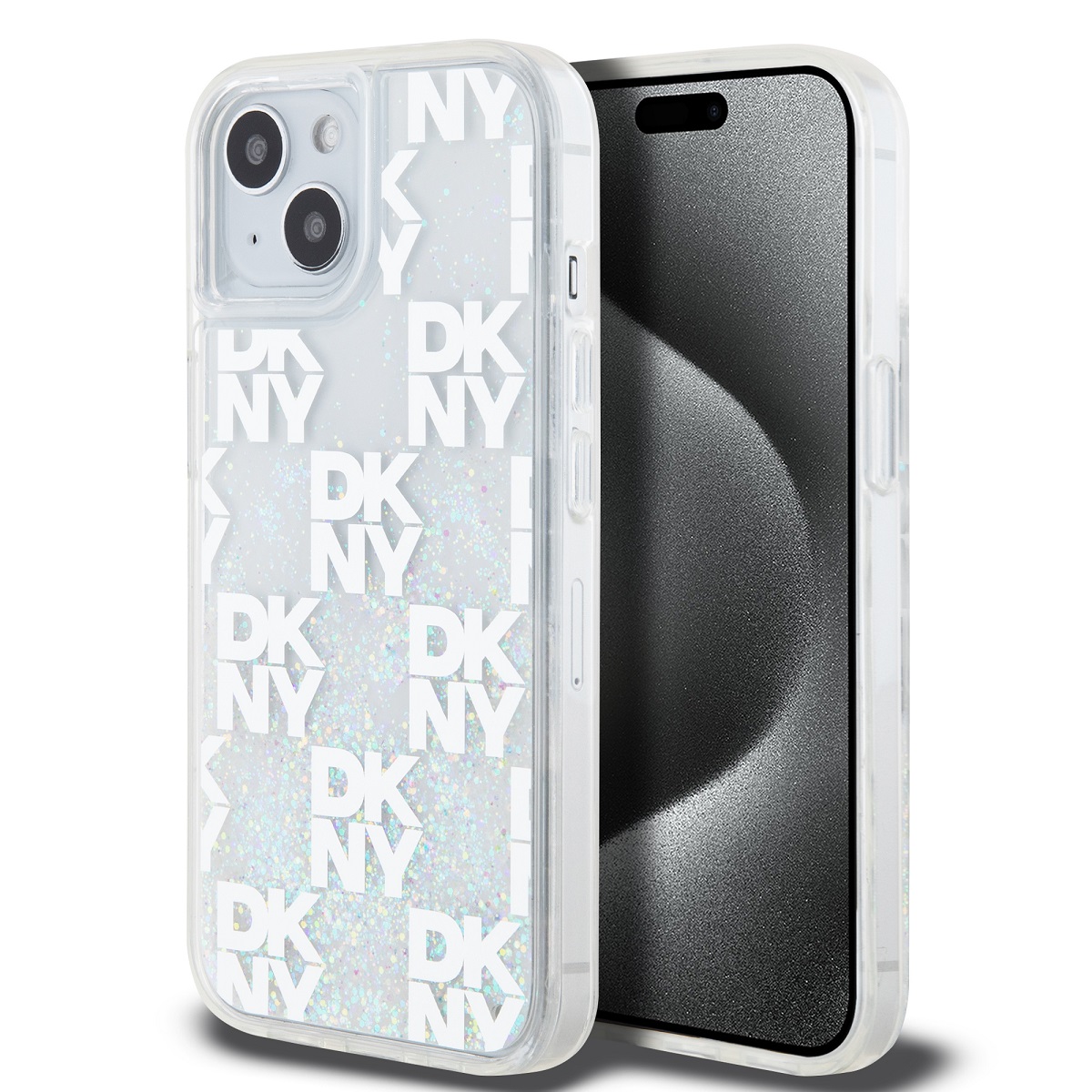 DKNY Liquid Glitter Checkered Pattern Zadný kryt pre iPhone 15 Transparent