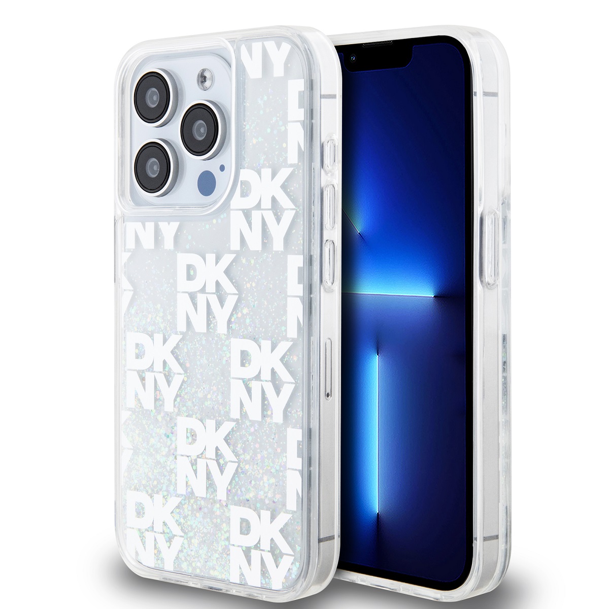 DKNY Liquid Glitter Checkered Pattern Zadný kryt pre iPhone 15 Pro Transparent