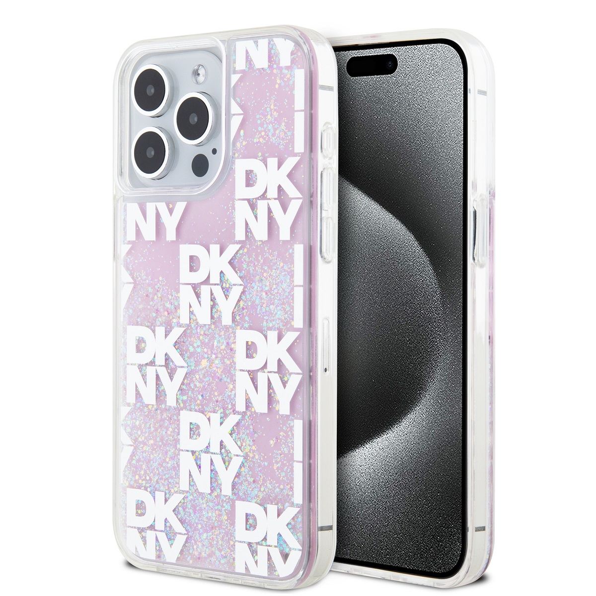 DKNY Liquid Glitter Checkered Pattern Zadný kryt pre iPhone 15 Pro Max Pink