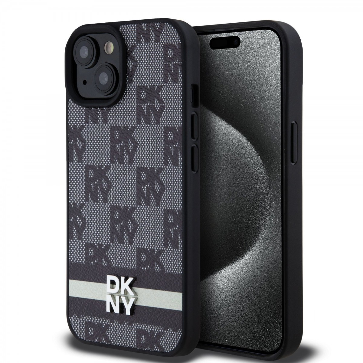 Zadný kryt DKNY PU Leather Checkered Pattern and Stripe pre iPhone 15 Black