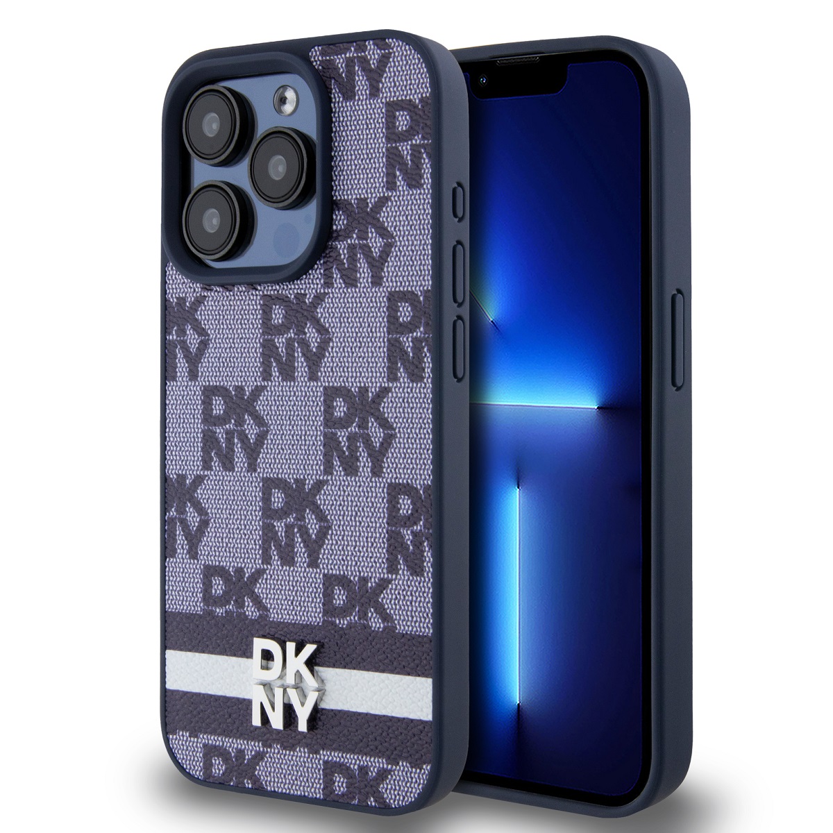 Kožený zadný kryt DKNY PU Leather Checkered Pattern and Stripe pre iPhone 15 Pro Max Blue