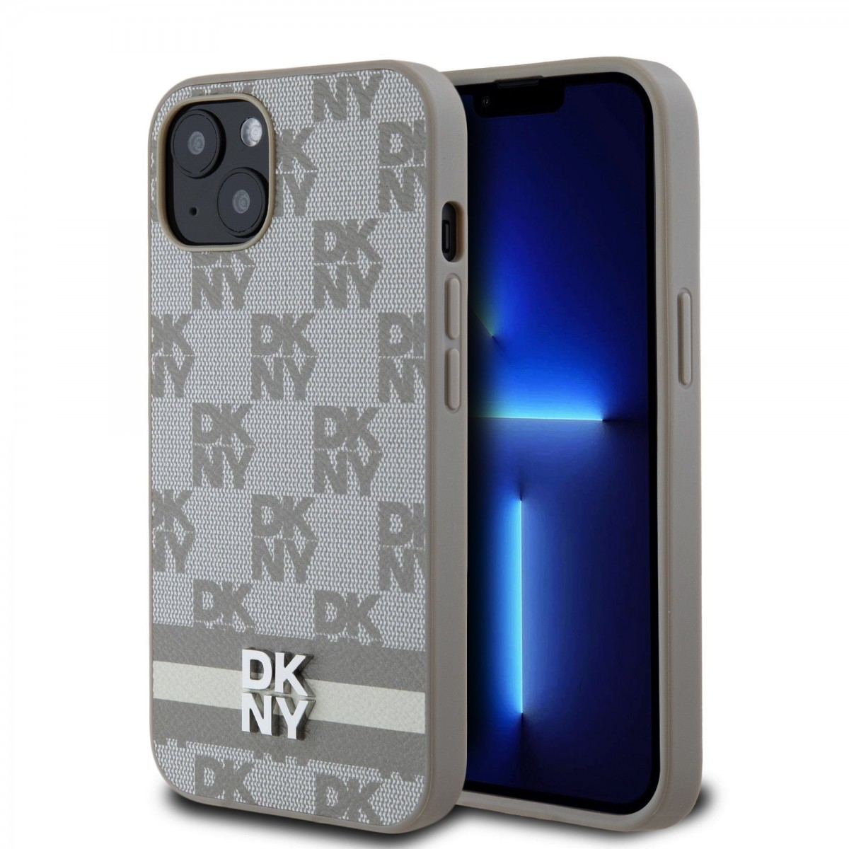 Zadný kryt DKNY PU Leather Checkered Pattern and Stripe pre iPhone 13 béžový