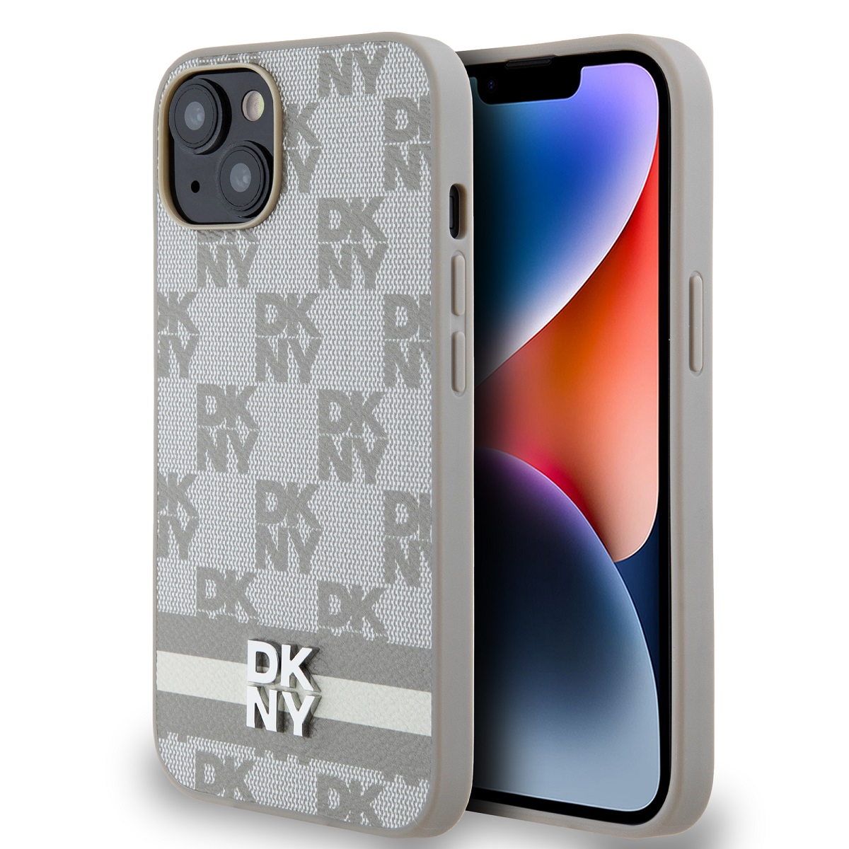 Zadný kryt DKNY PU Leather Checkered Pattern and Stripe pre iPhone 14 Beige