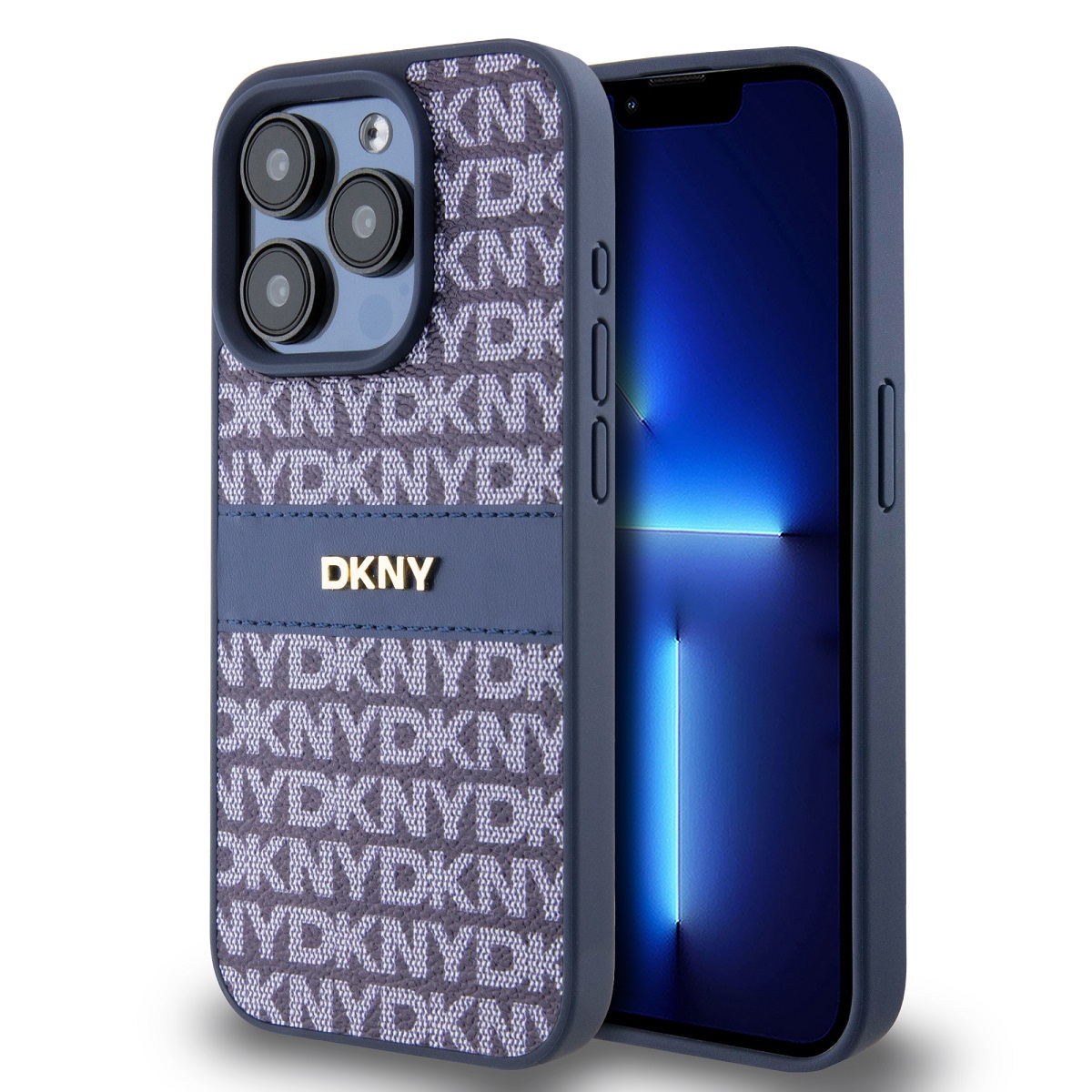 DKNY PU Leather Repeat Pattern Tonal Stripe pre iPhone 14 Pro Blue