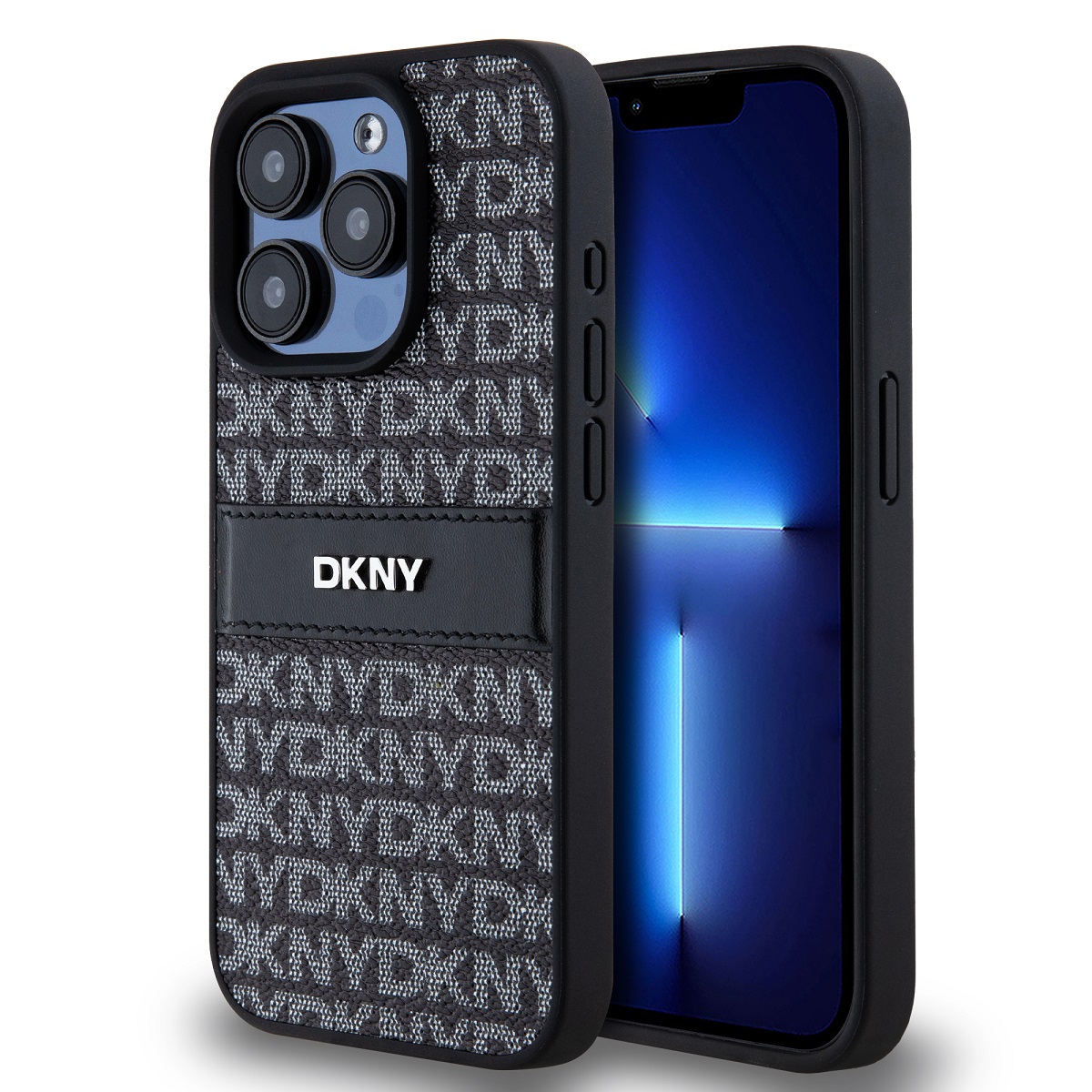 DKNY PU Leather Repeat Pattern Tonal Stripe pre iPhone 14 Pro Black