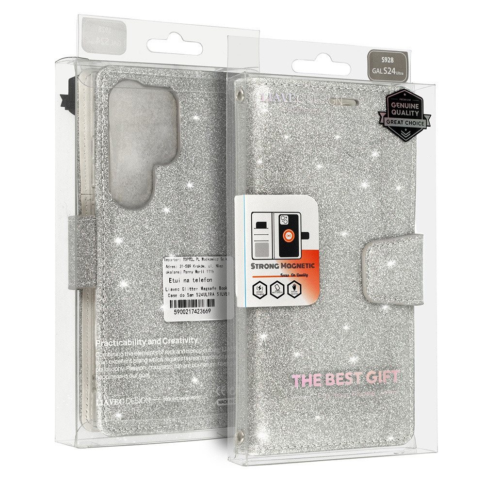 Flipové puzdro Liavec Glitter Magsafe pre Samsung Galaxy S23 Plus strieborné
