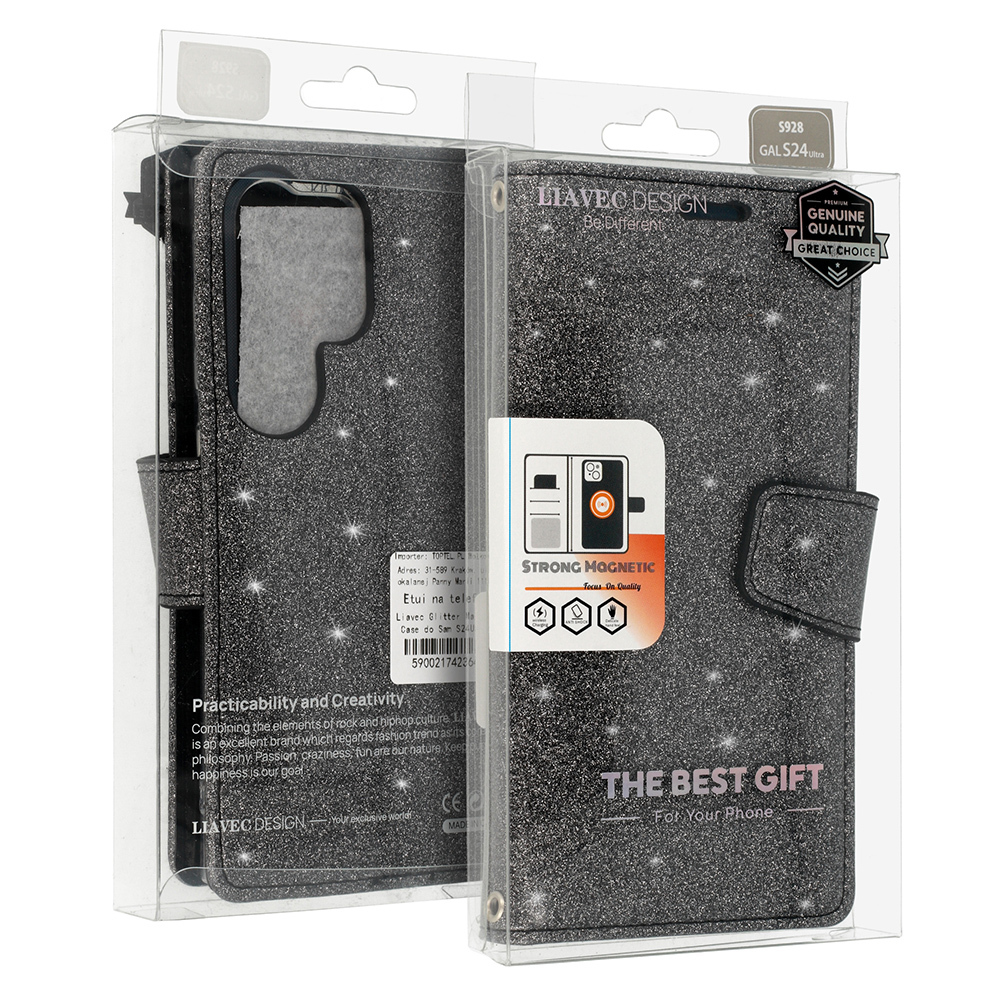 Flipové puzdro Liavec Glitter Magsafe pre Samsung Galaxy S23 Plus čierne