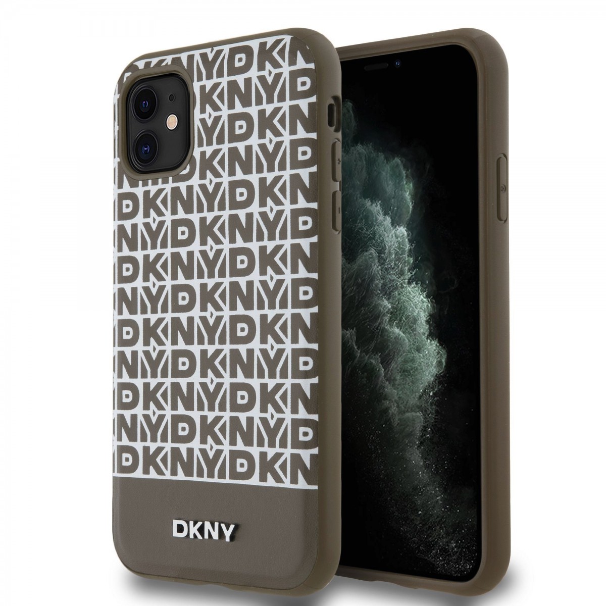 Zadný kryt DKNY PC/TPU Repeat Pattern Tonal Stripe Magsafe pre iPhone 11 Brown