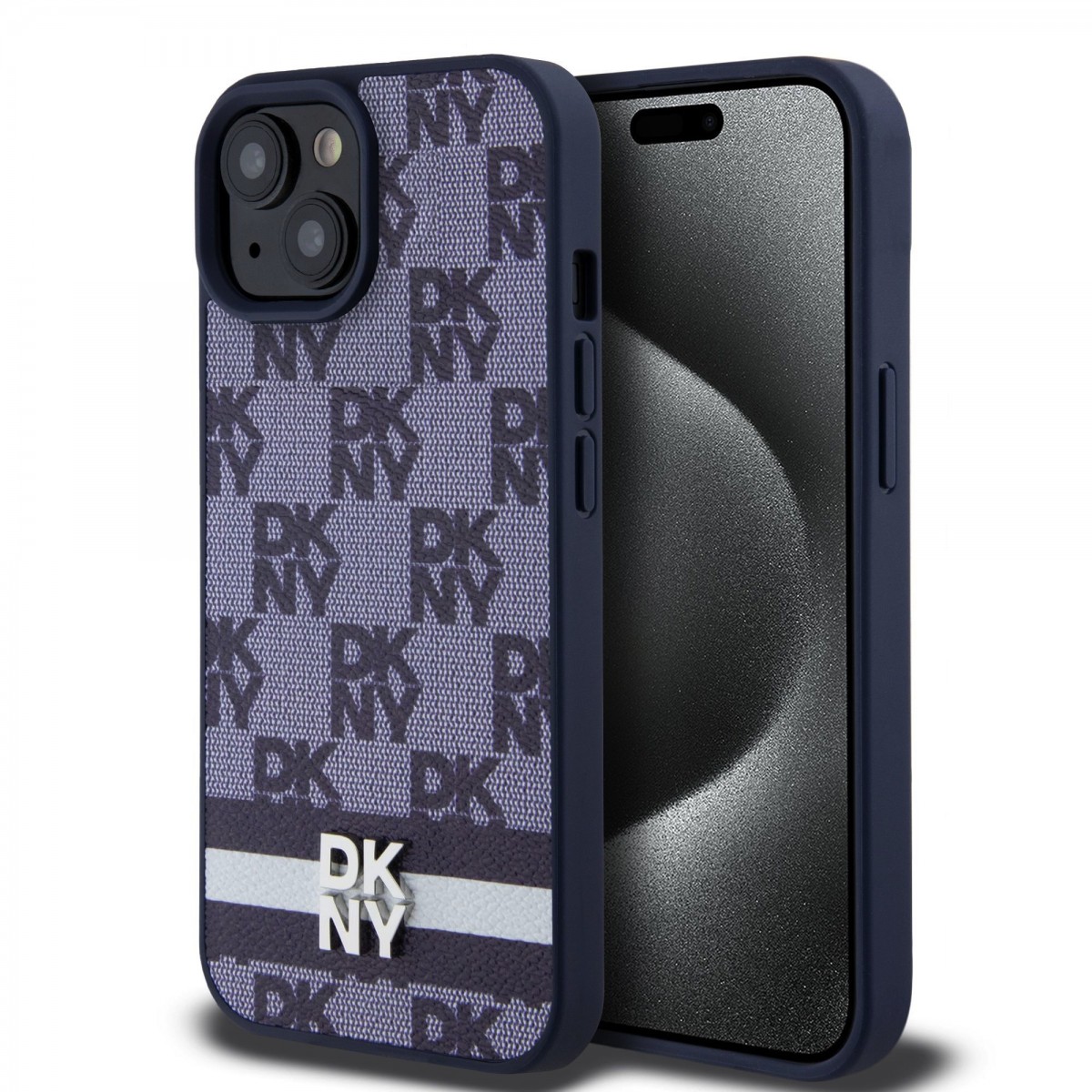 Zadný kryt DKNY PU Leather Checkered Pattern and Stripe pre iPhone 15 Blue