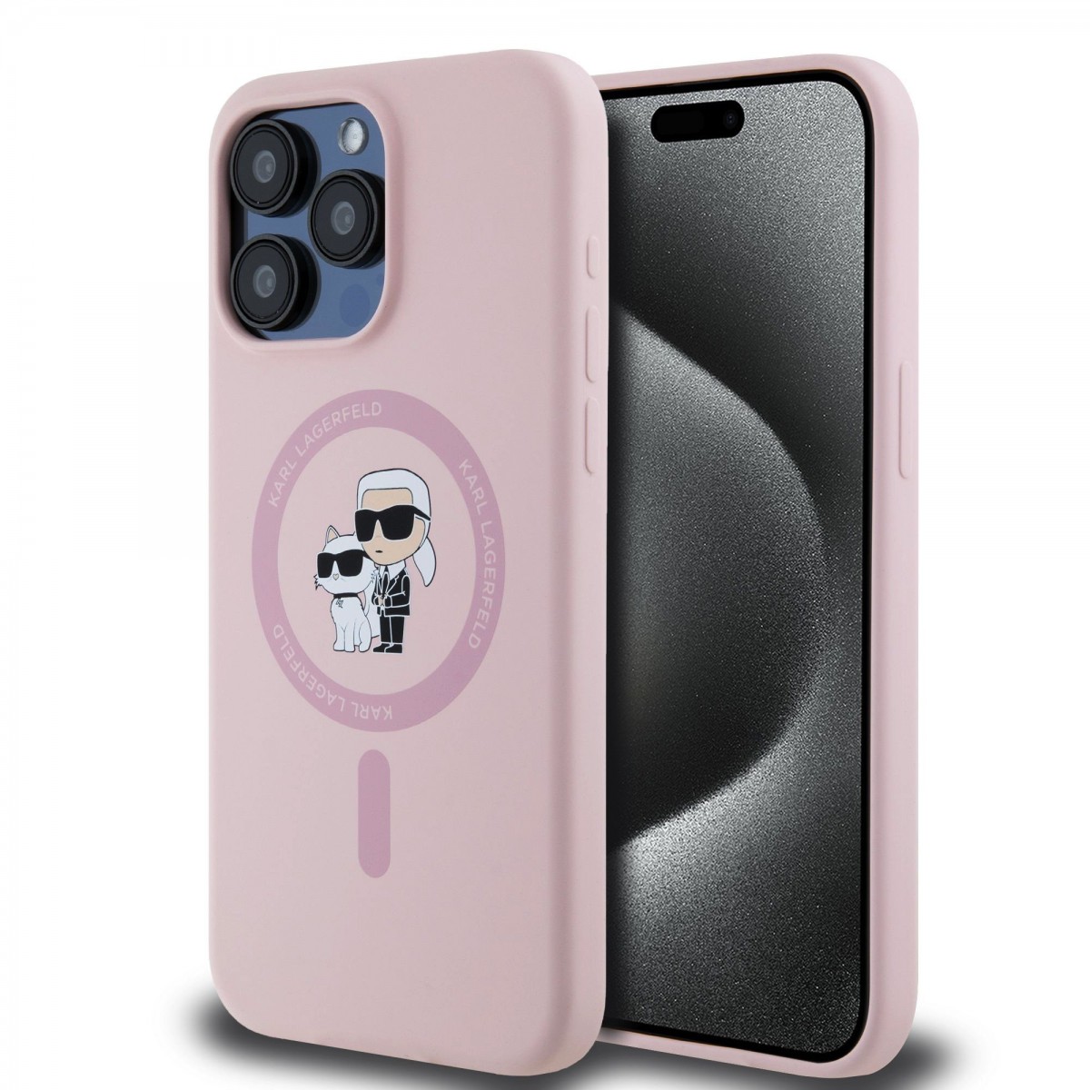 Tekutý silikónový kryt Karl Lagerfeld Karl and Choupette Magsafe Back Cover pre iPhone 15 Pro Max Pink