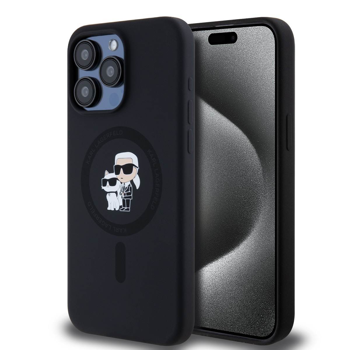 Tekutý silikónový kryt Karl Lagerfeld Karl and Choupette Magsafe Back Cover pre iPhone 15 Pro Max Black