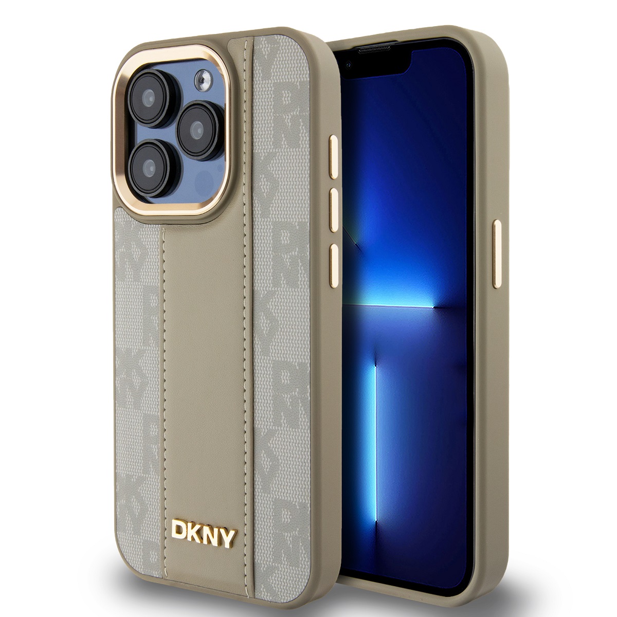 DKNY PU kožený károvaný zadný kryt so vzorom Magsafe pre iPhone 15 Pro Beige