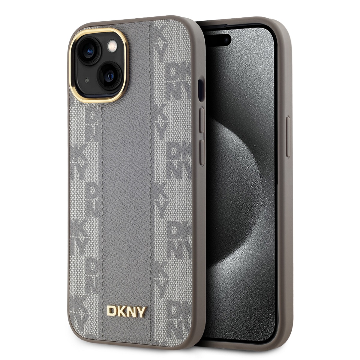 Zadný kryt DKNY PU Leather Checkered Pattern Magsafe pre iPhone 15 Beige