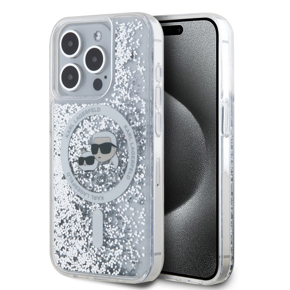 Karl Lagerfeld Liquid Glitter Karl and Choupette Heads MagSafe zadný kryt pre iPhone 15 Pro Max Transparent
