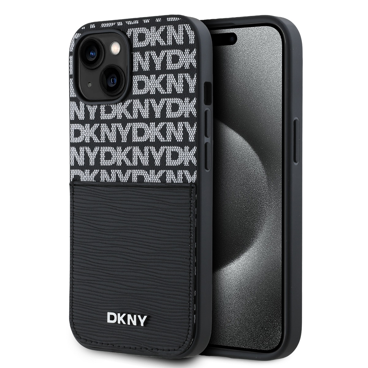 Zadný kryt DKNY PU Leather Repeat Pattern Card Pocket pre iPhone 15 Black