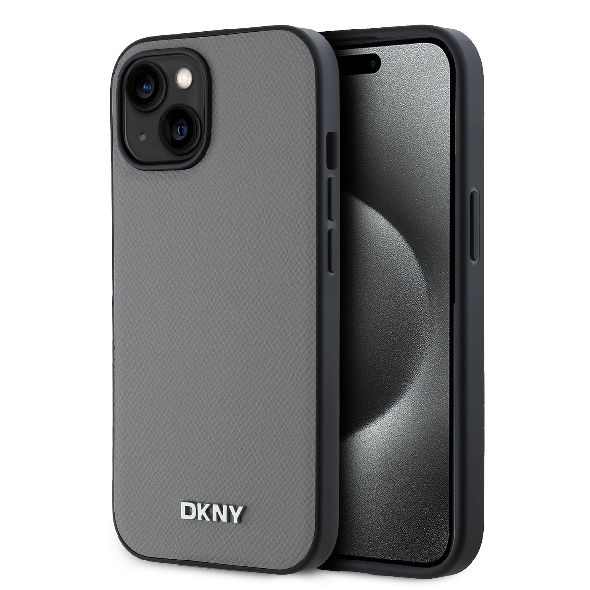 Zadný kryt DKNY PU Leather Silver Metal Logo Magsafe pre iPhone 14 Grey