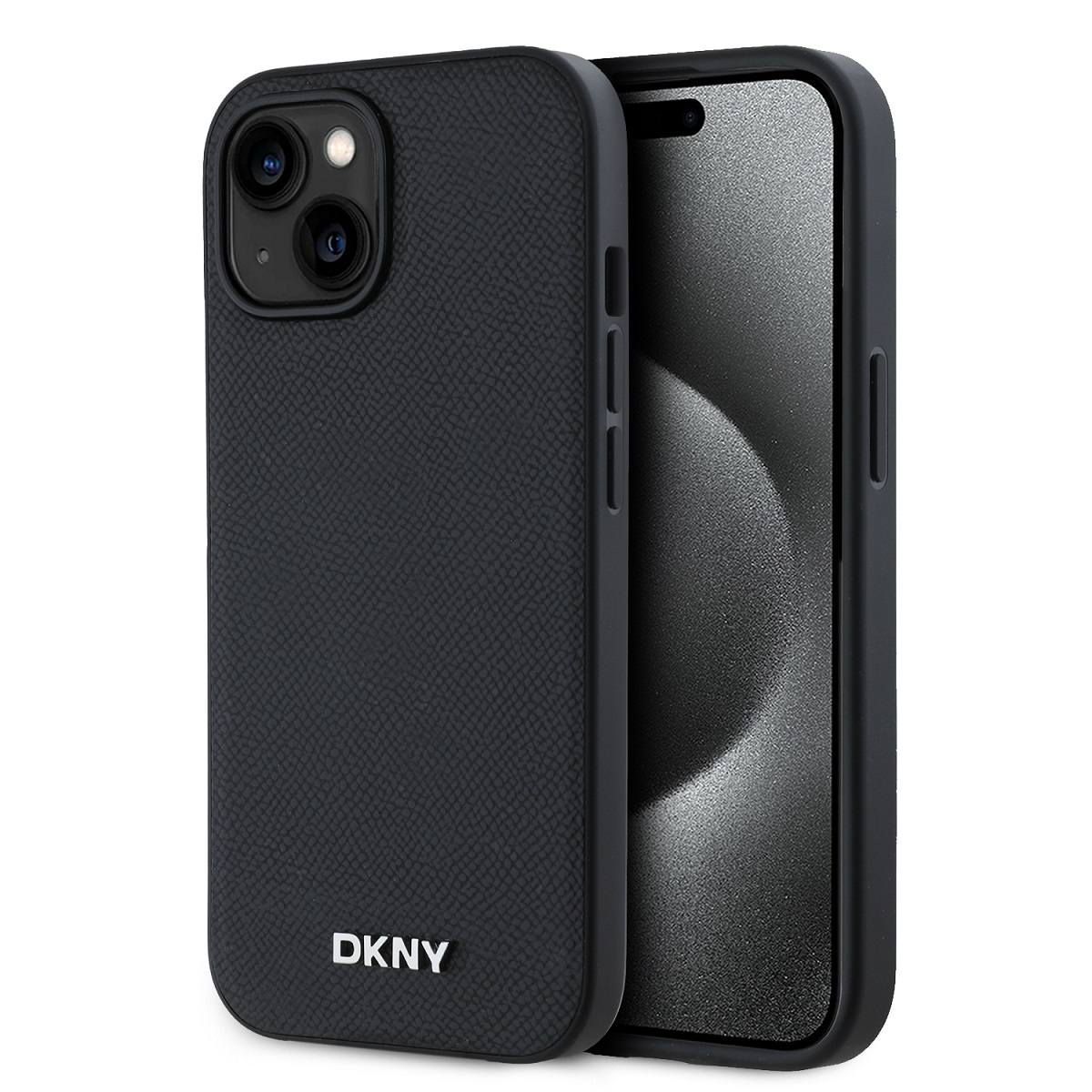 Zadný kryt DKNY PU Leather Silver Metal Logo Magsafe pre iPhone 15 Black