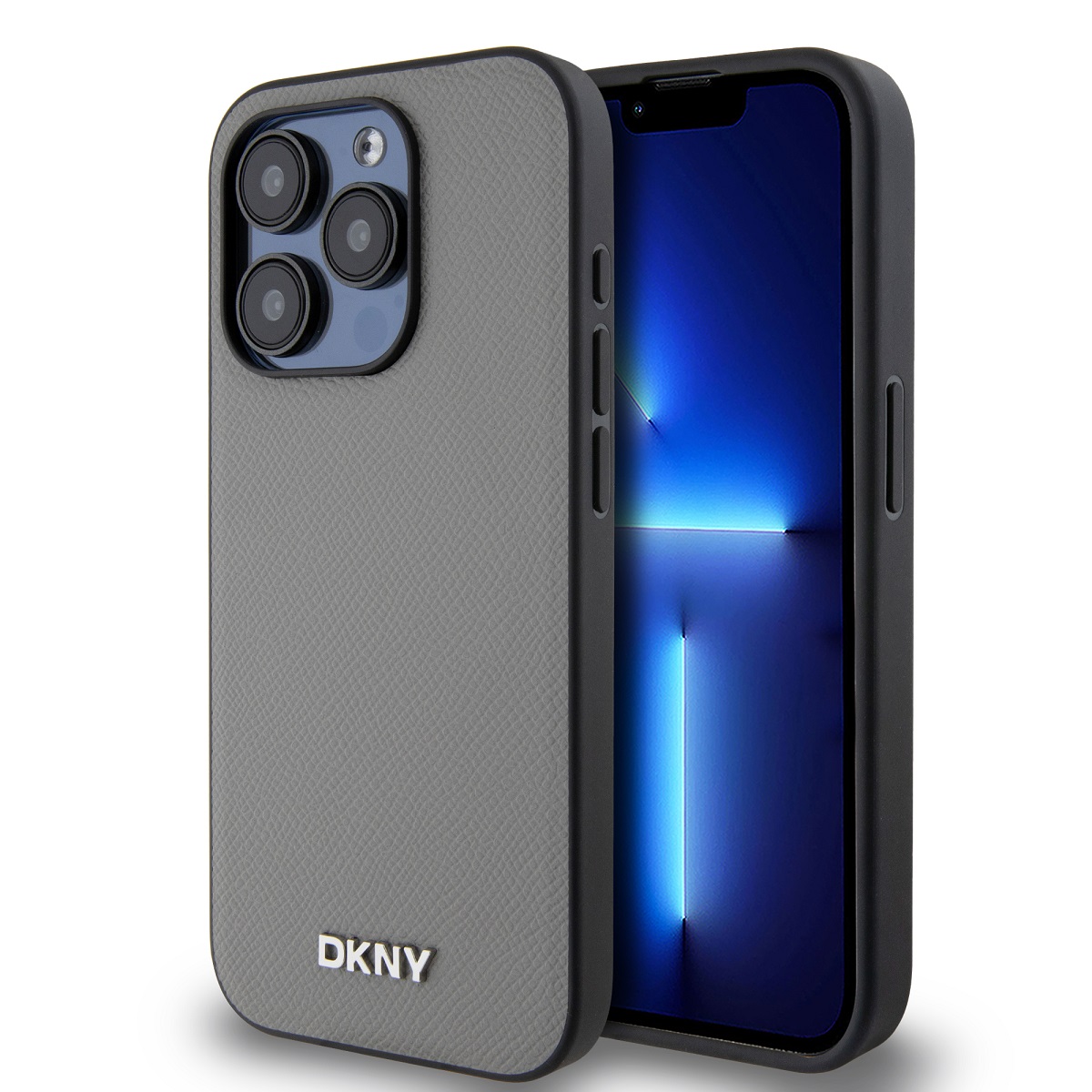 Zadný kryt DKNY PU Leather Silver Metal Logo Magsafe pre iPhone 15 Pro Grey