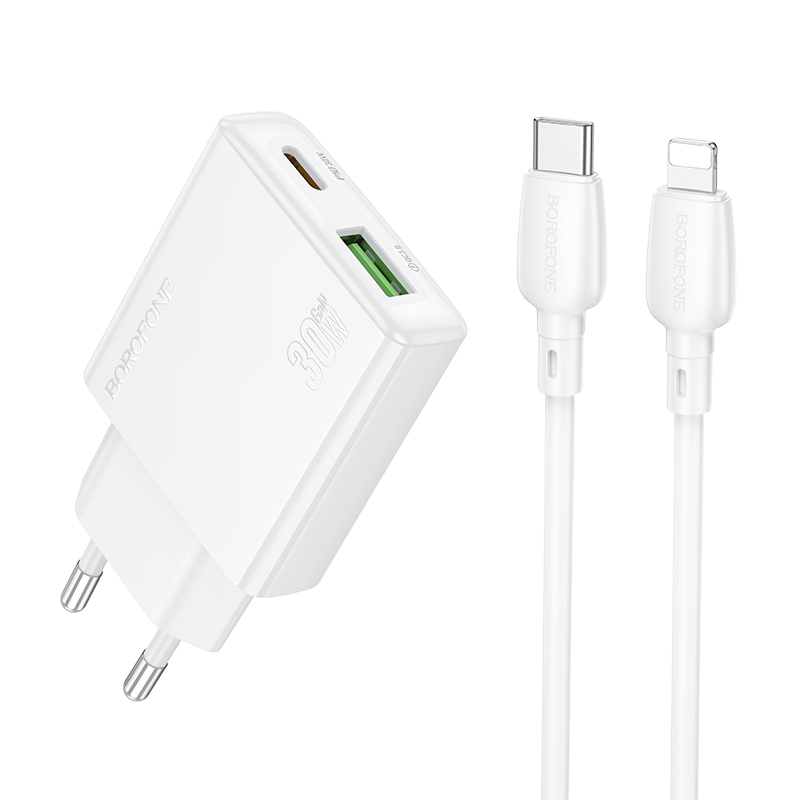 Rychlonabíjačka Borofone BN25 Wish Fast Charger (Ultra Thin) + Lightning Dual 30W dátový kábel biela