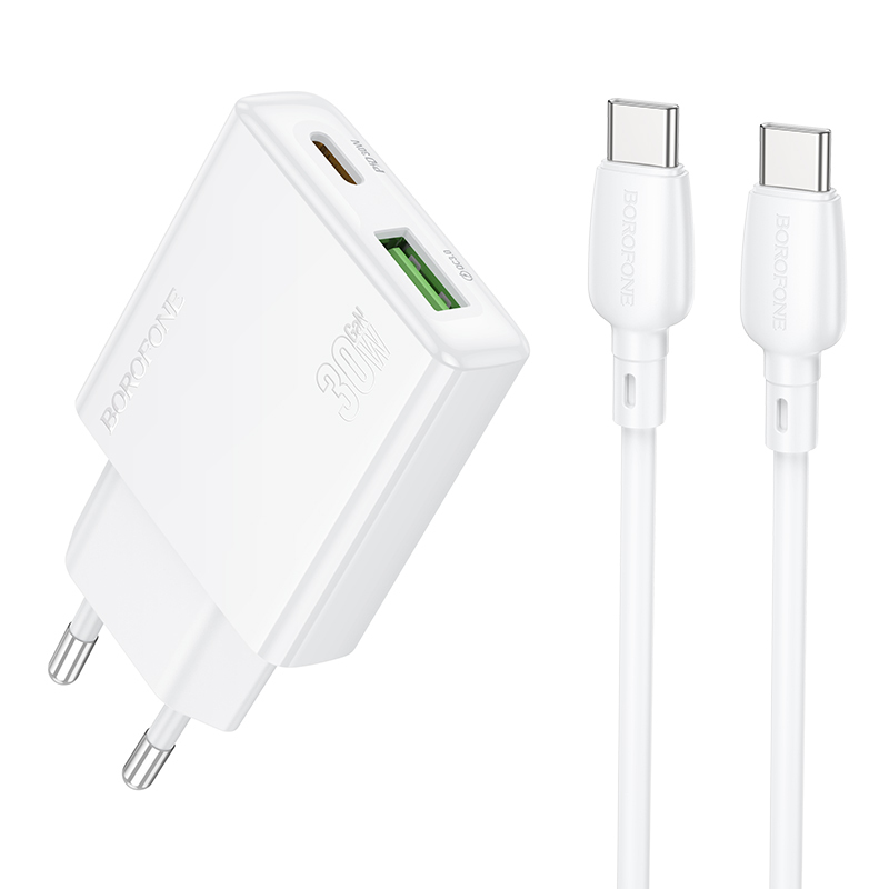 Rychlonabíjačka Borofone BN25 Wish Fast Charger (Ultra Thin) + USB-C Dual 30W dátový kábel biela
