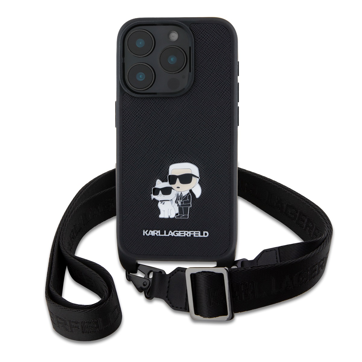 Zadný kryt Karl Lagerfeld Saffiano Crossbody Strap Metal Karl and Choupette pre iPhone 16 Pro Max Black