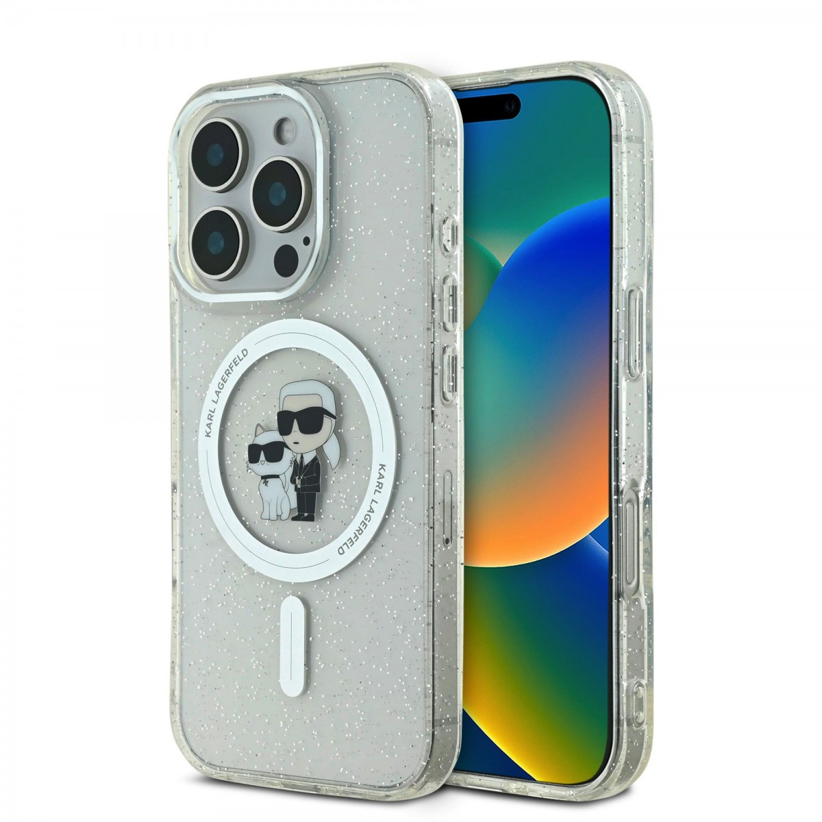 Zadný kryt Karl Lagerfeld IML Glitter Karl and Choupette MagSafe pre iPhone 16 Pro Max Transparent