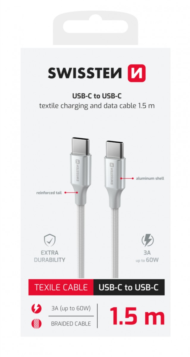 Dátový kábel Swissten Textile II USB-C na USB-C 1,5 m biely