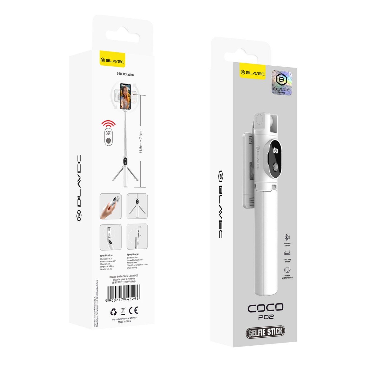 Selfie tripod tyč Blavec Coco P02 Bluetooth 0,7 m (SSCP02-TRW07) biela