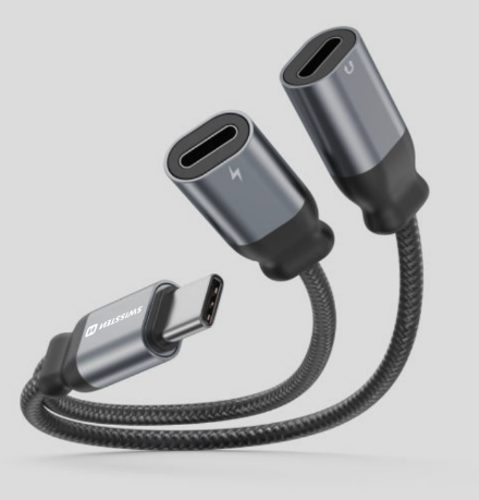 Nabíjací audio adaptér Swissten Textile USB-C - 2x USB-C 0,12 m čierny