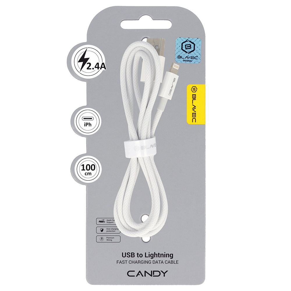 Dátový kábel Blavec Candy Braided USB-A - Lightning 2.4A 1m (CCA-UL24W10) biely