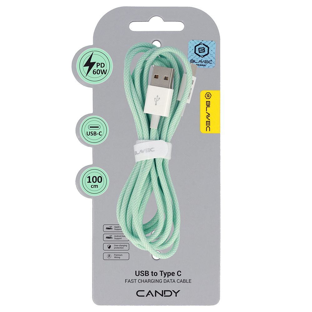 Dátový kábel Blavec Candy Braided USB-A - USB-C PD 60W 3A 1m (CCA-UC3GN10) zelený