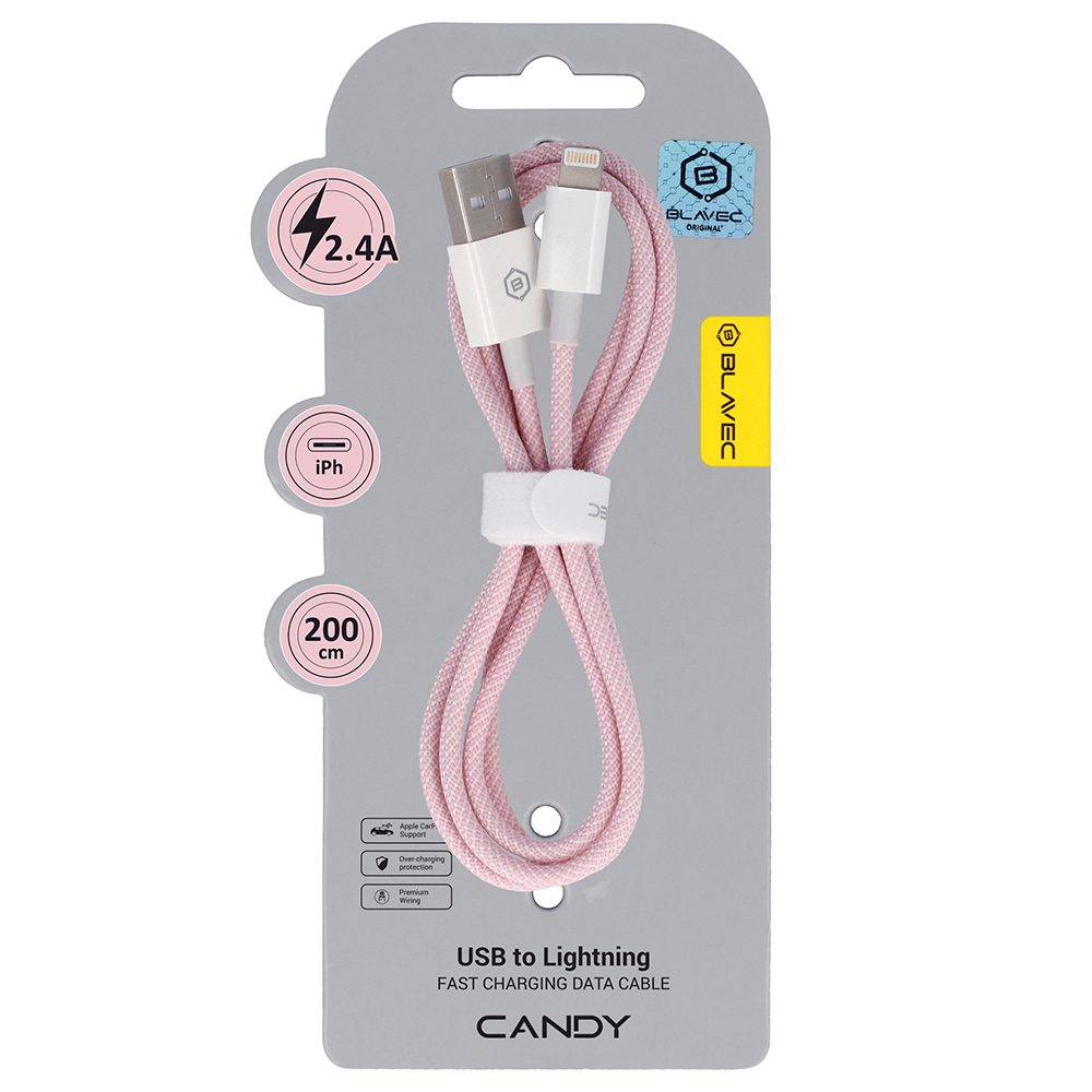 Dátový kábel Blavec Candy Braided USB-A - Lightning 2.4A 2m (CCA-UL24P20) ružový