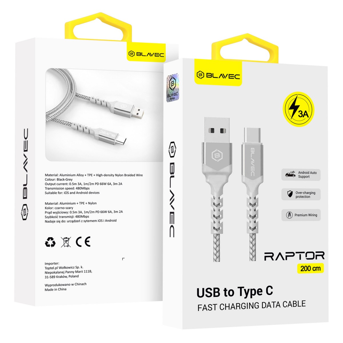 Dátový kábel Blavec Candy Braided USB-A - USB-C 3A 2m (CRA-UC3WS20) bielo-strieborný