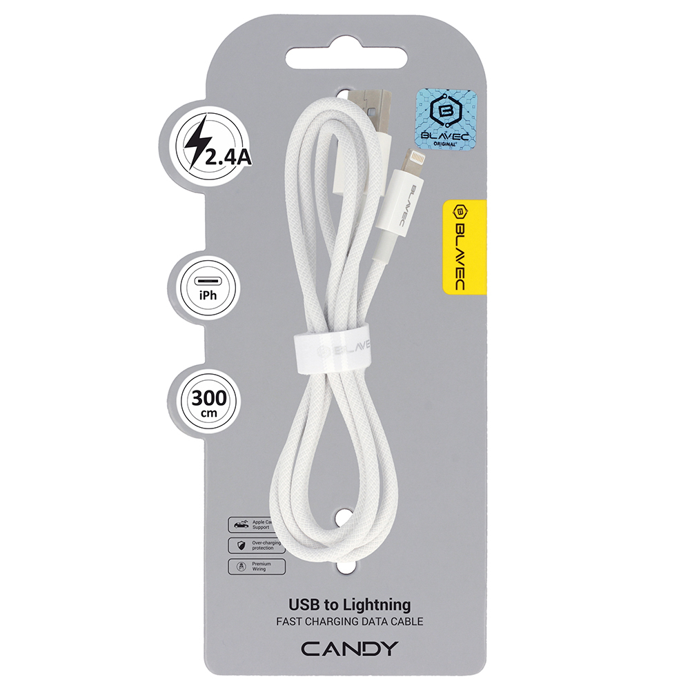 Dátový kábel Blavec Candy Braided USB-A - Lightning 2,4A 3 m (CCA-UL24W30) biely
