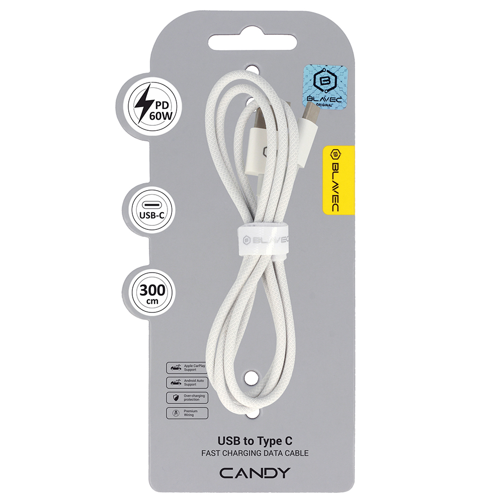 Dátový kábel Blavec Candy Braided USB-A - USB-C PD 60W 3m (CCA-UC3W30) biely