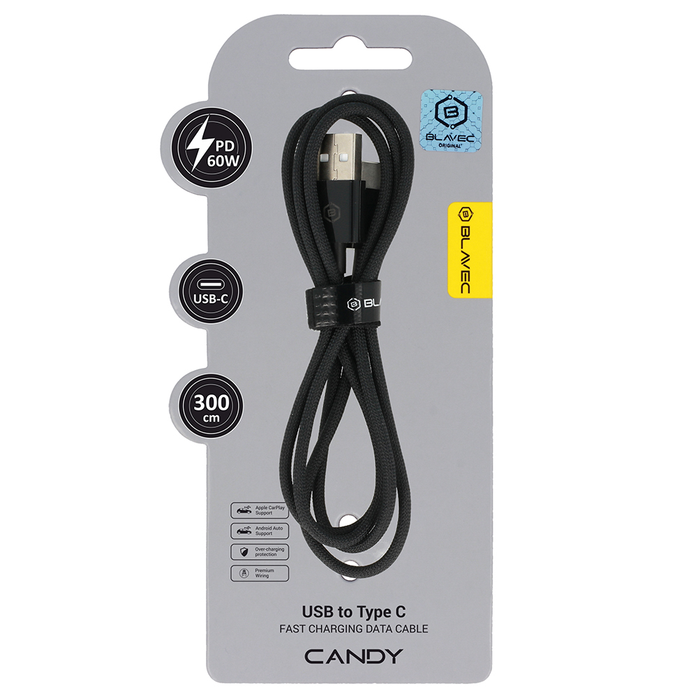 Dátový kábel Blavec Candy Braided USB-A - USB-C PD 60W 3A 3m (CCA-UC3B30) čierny