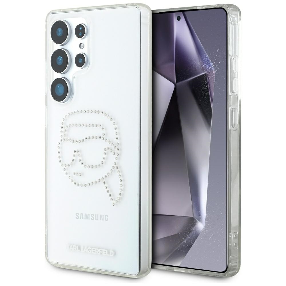 Originálny zadný kryt KARL LAGERFELD Rhinestones Karl Head Logo pre Samsung Galaxy S25 Ultra transparentný