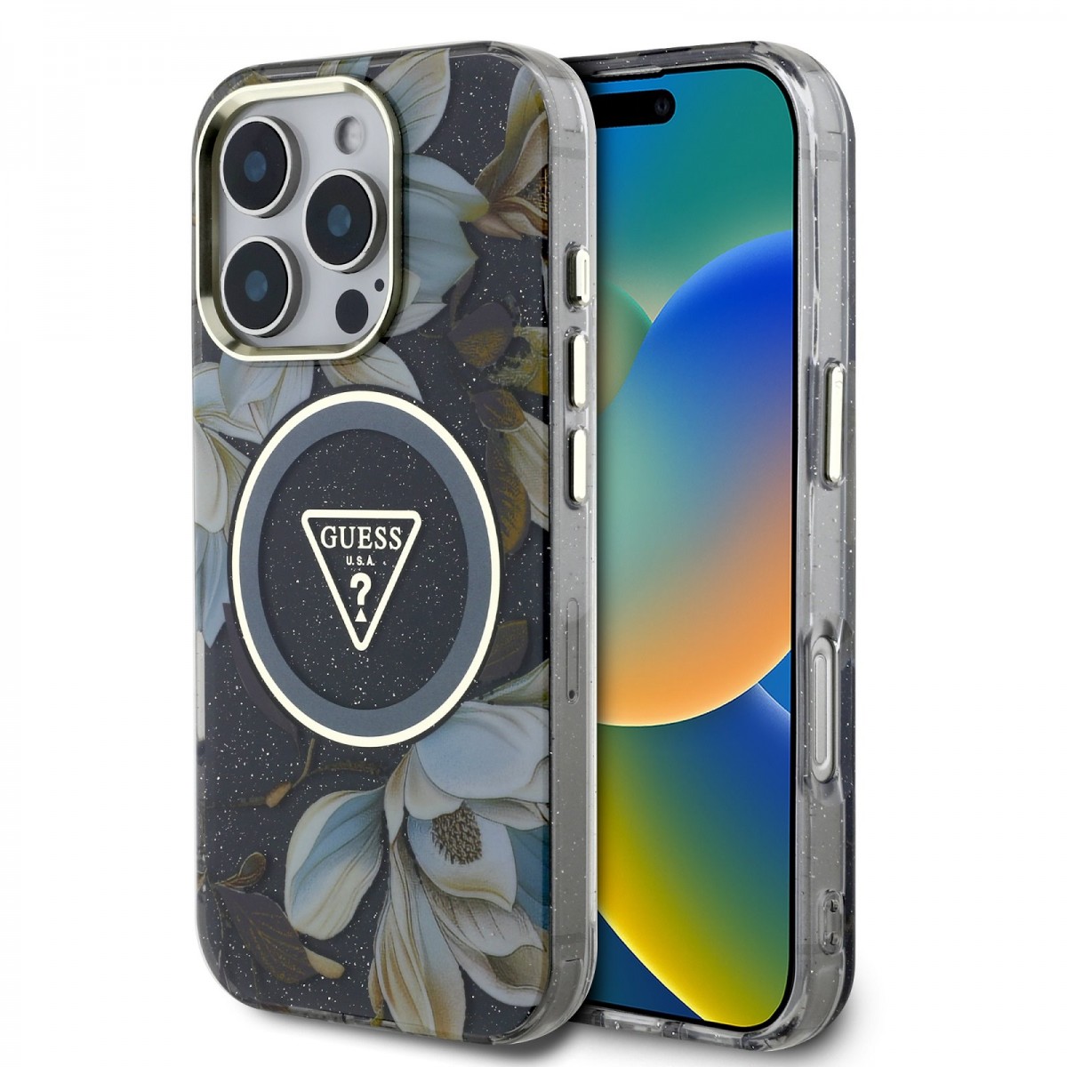 Zadný kryt Guess IML Glitter Magnolia and Triangle Logo MagSafe pre iPhone 16 Pro Max Black