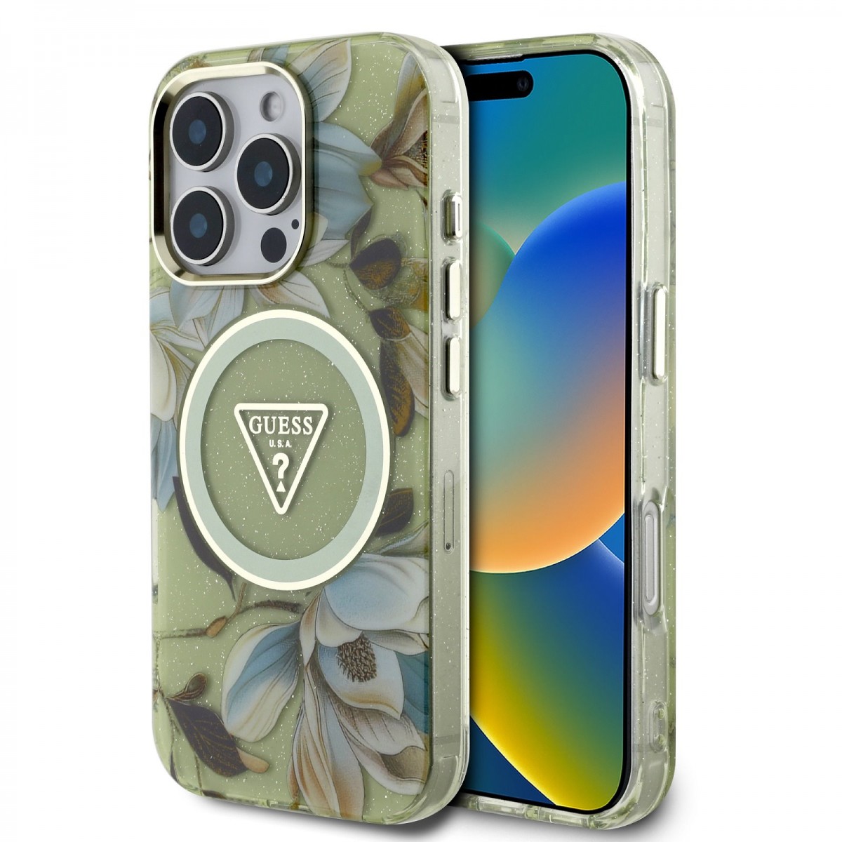 Zadný kryt Guess IML Glitter Magnolia and Triangle Logo MagSafe pre iPhone 16 Pro Max Green