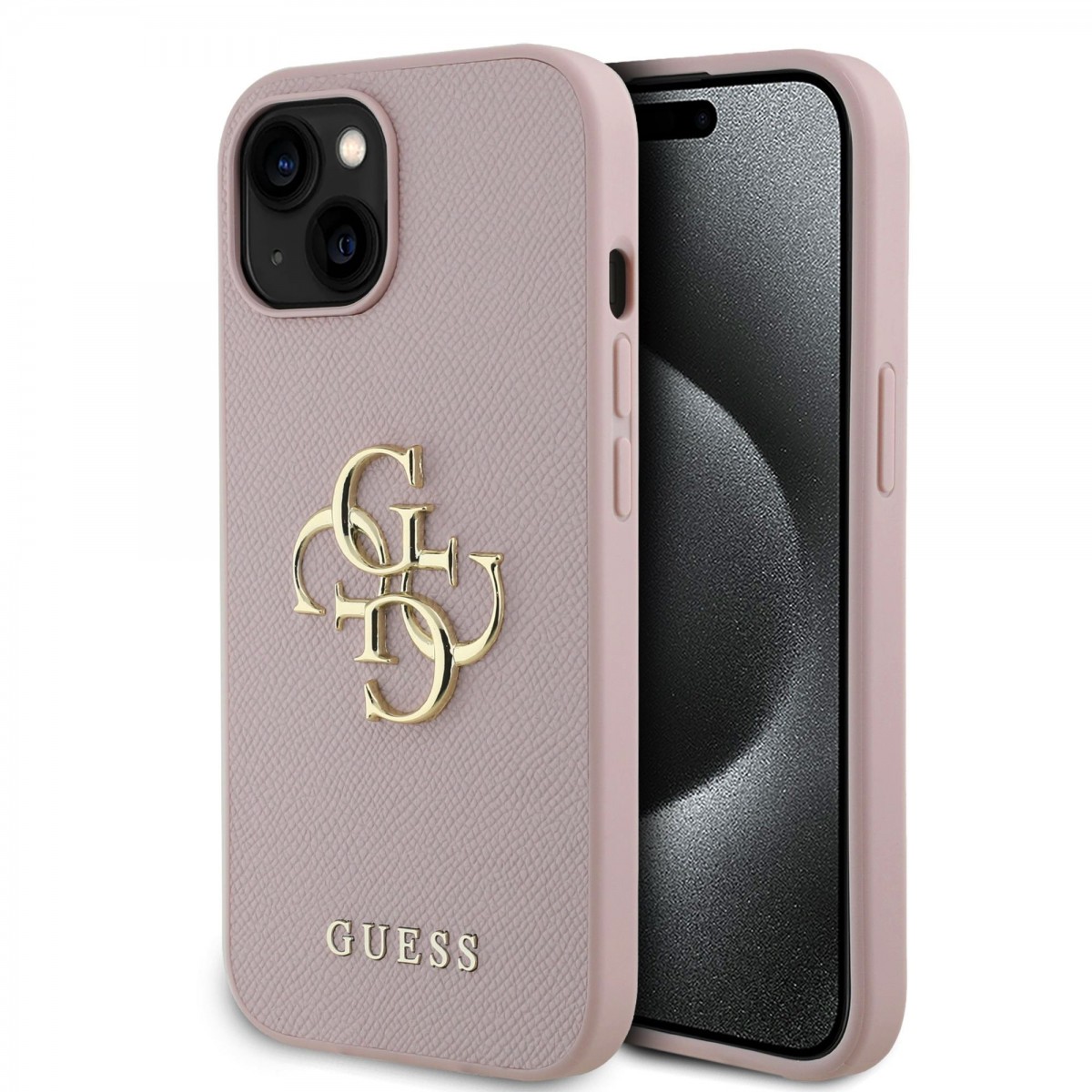 Zadný kryt Guess PU Grained 4G Metal Logo pre iPhone 15 Pink