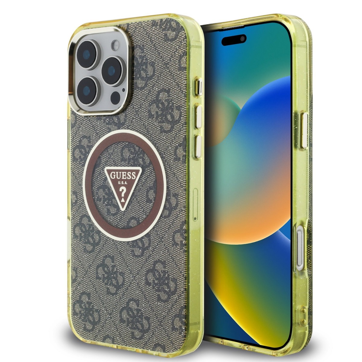 Zadný kryt Guess IML 4G Glitter and Triangle Logo MagSafe pre iPhone 16 Pro Max Brown