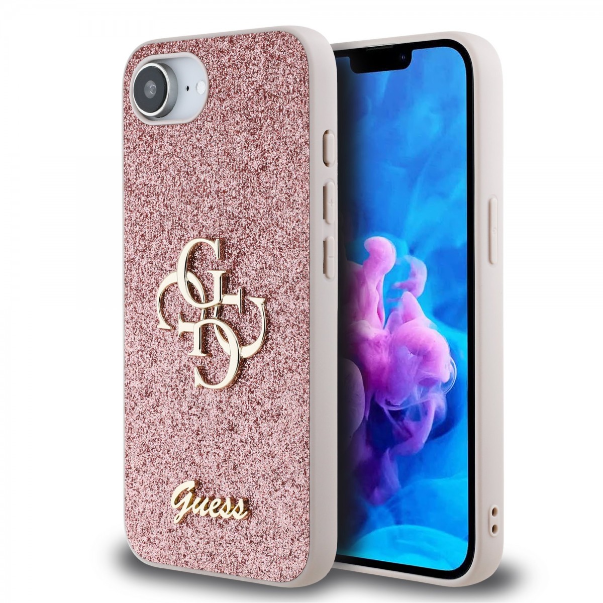 Zadný kryt Guess PU Fixed Glitter 4G Metal Logo pre iPhone 16e Pink