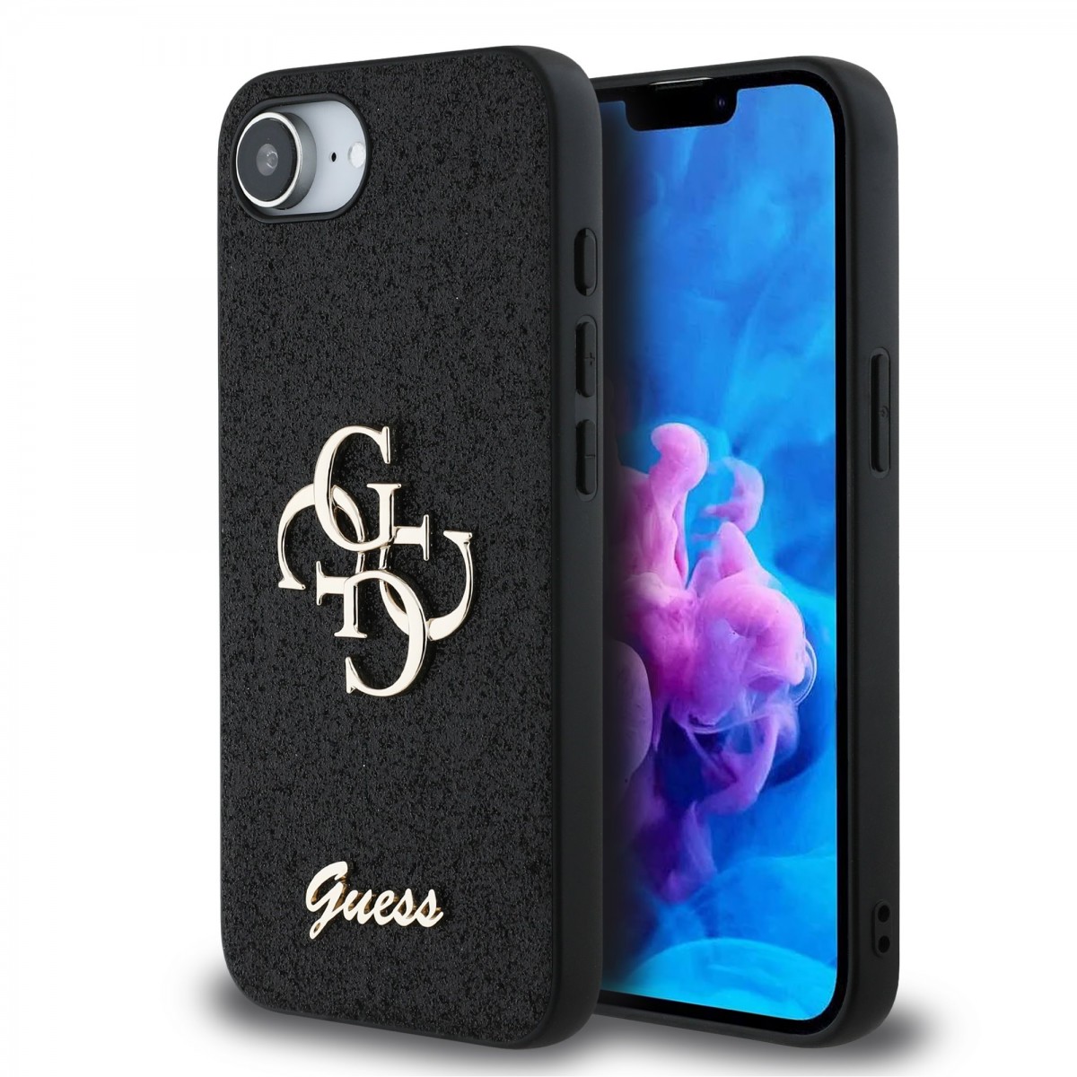 Zadný kryt Guess PU Fixed Glitter 4G Metal Logo pre iPhone 16e Black